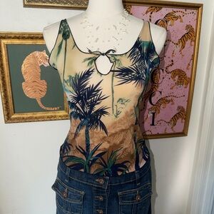 Tropical Hawaiian Xi Palm Keyhole Camisole - Green Brown